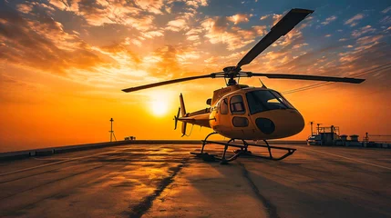 Fotobehang Aerial Elegance: Helicopter Silhouetted Against a Sunset, Symbolizing Adventure and Travel © Jahid