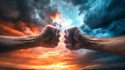 men bumping fists with the sky with clouds in a beautiful sunset in high definition and resolution - obrazy, fototapety, plakaty