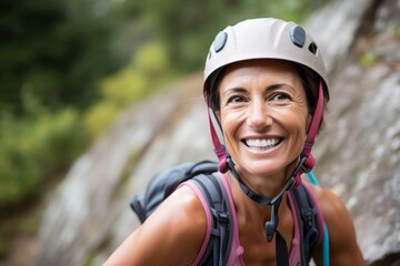 Portrait of an inspired mature woman practicing outdoor rock climbing. With generative AI technology