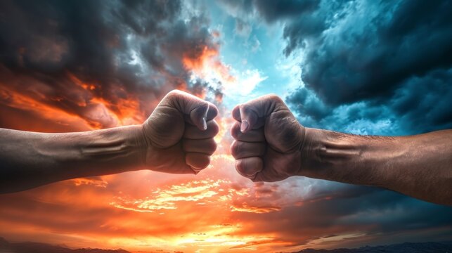 men bumping fists with the sky with clouds in a beautiful sunset in high definition and resolution