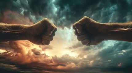 men bumping fists with the sky with clouds in a beautiful sunset in high definition and resolution. peace concept - obrazy, fototapety, plakaty