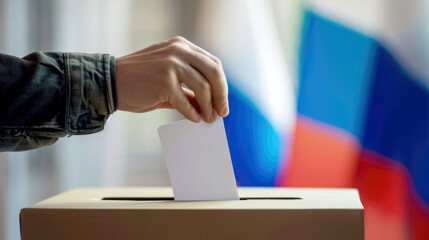 The hand of a voter dropping his vote into the ballot box. The concept of elections. The Russian flag is in the background.