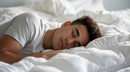 Fototapeta na wymiar male asleep in a comfortable white bed