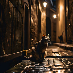 Obraz na płótnie Canvas City cat on a cobblestone street