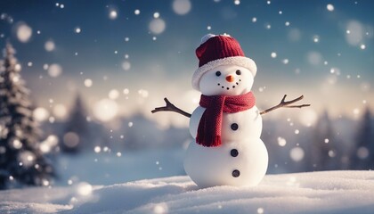 Fototapeta premium snowman on the snow Merry christmas and happy new year greeting card with copy space. Happy snowman standing in winter 