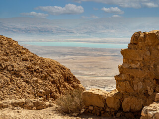 Masada Fortress, Dead Sea, rocks and sea. Israel 