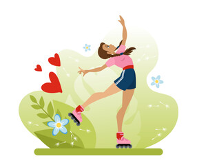 Summer roller skating in the park. A romantic date in the park. An active type of recreation. Flat vector illustration in cartoon style