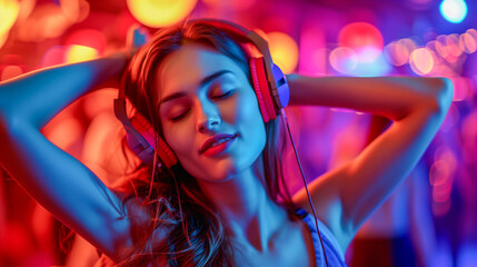 Silent Groove Mesmerizing Moves of an Attractive Young Woman Dancing in Neon Light at the Silent Disco