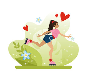 Roller skating. A girl roller skates in the park in the summer. A postcard of the summer season. A sports walk in the fresh air. Flat vector illustration in cartoon style