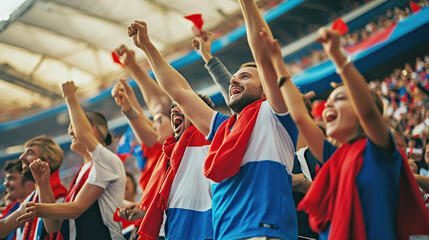 French fans cheering in stadium, waving French flags and cheering enthusiastically. Major sporting...