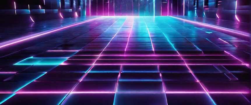 futuristic, cyberpunk-inspired capacity at night, with neon lights and holographic advertisements glowing brightly. Use a wide-angle lens and a cool color palette to evoke a sense of mystery