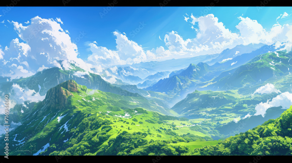 Wall mural Beautiful Green Savanna or green field with sunny day anime background, cloud background landscape view with beautiful day sky on sunny weather flowers and mountains, beautiful panorama with surrealis