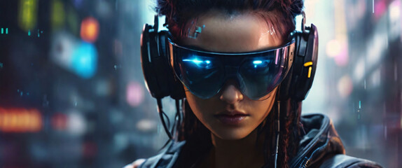 Virtual reality headset and controllers for gaming futuristic, cyberpunk-inspired capacity at night, with neon lights and holographic advertisements glowing brightly. Use a wide-angle lens technology