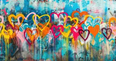 Fotobehang Generative AI, Colorful hearts as graffiti love symbol on the wall, street art. Melted paint.   © DELstudio