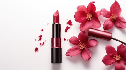 Obraz na płótnie Canvas Beauty cosmetics product lipstick and hibiscus. Concept of Red hibiscus flower in the cosmetics industry. Natural organic colorant hibiscus pigment. Hibiscus lipstick vegan makeup, plant based