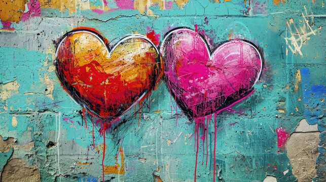 Generative AI, Colorful hearts as graffiti love symbol on the wall, street art. Melted paint.	

