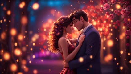 Romantic couple in the bokeh background . Lovers day concept  illustration 