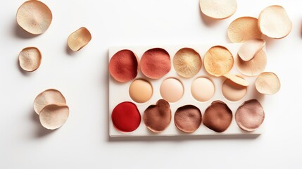 Makeup cosmetic product and mushrooms, vegan eyeshadow with mushroom fresh cosmetic colors, natural colorants made mushrooms. Shroom boom in skincare, Fungi-based ingredients, mushroom extracts