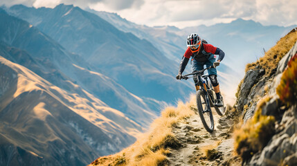 A mountain biker tackling a challenging trail surrounded by stunning natural scenery. - obrazy, fototapety, plakaty