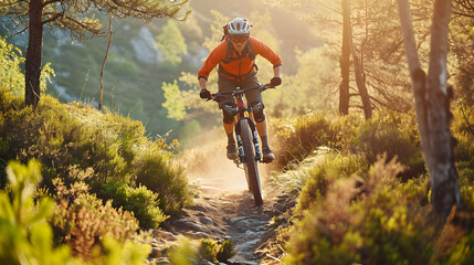 A mountain biker tackling a challenging trail surrounded by stunning natural scenery. - obrazy, fototapety, plakaty