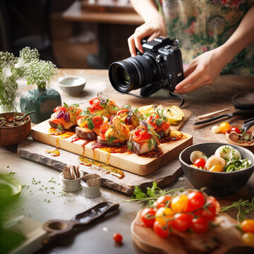 Photographer taking picture of delicious sushi rolls with vegetables on wooden table.
