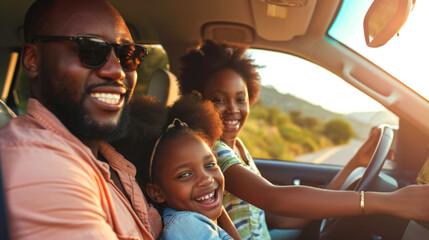 Happy African American family riding car traveling. Black parents and daughter enjoying summer road trip together on weekend.