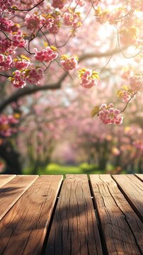 Empty wooden table in Sakura flower Park with garden bokeh background with a country outdoor theme, Template mock up for display of product. AI generated illustration