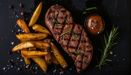 Grilled beef steak and homemade chips from above 