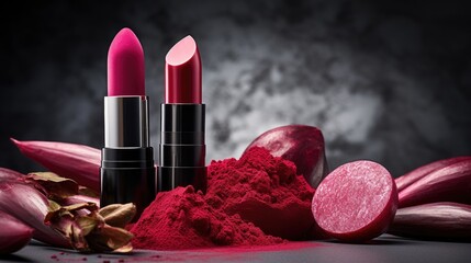 Beauty cosmetics product lipstick and real beet. Concept of Red beetroot powder in the cosmetics industry. Natural organic colorant betacyanin pigment. Beet lipstick vegan makeup
