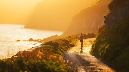 A person jogging along a coastal path at sunset. - obrazy, fototapety, plakaty