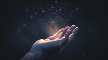 Praying hands with faith in religion and belief in God on blessing background. Power of hope or love and devotion. Magic powder floating on the magician hand. - obrazy, fototapety, plakaty