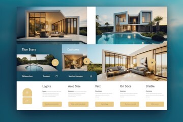 One Page website design template with swimming pool and villas on background