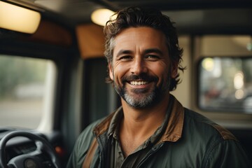 Portrait of happy truck driver looking at camera.

 - obrazy, fototapety, plakaty