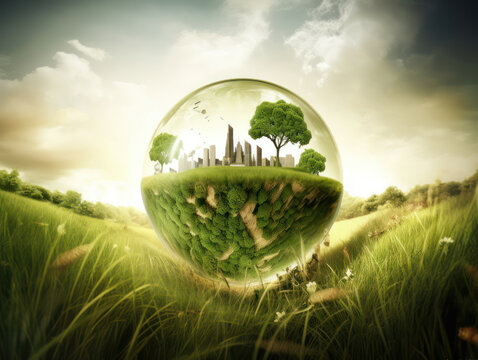 trees and plants in the glass sphere, environmental protection, ecology