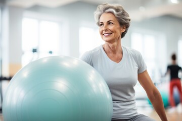Fototapeta premium Portrait of a focused mature woman doing exercises with a stability ball in a gym. With generative AI technology