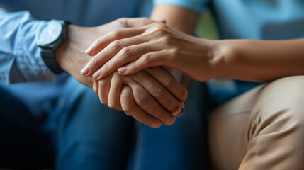 close-up of two individuals holding hands in a comforting manner - obrazy, fototapety, plakaty