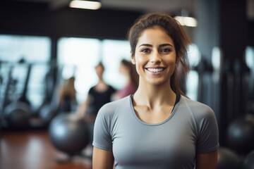 Portrait of a handsome girl in her 20s doing exercises with a stability ball in a gym. With generative AI technology - obrazy, fototapety, plakaty