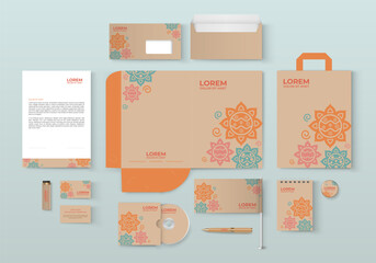 Beige stationery template design with multicolored floral pattern. Set of business corporate identity mock up. Documentation for business.
