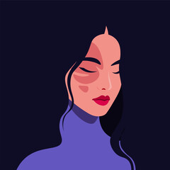 The face of a young Asian woman with birthmark. Portrait of fashion model on dark background. Vector flat Illustration