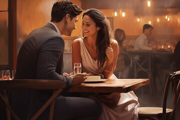 A close - up shot of a happy couple enjoying a romantic dinner in a candlelit restaurant. A couple is having dinner at a restaurant. Valentine's Day. Wedding anniversary.
