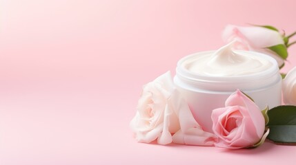 Obraz na płótnie Canvas Jar of facial cream and flower roses. Skin care or hair care cosmetics product and rose flower on pink background. Natural beauty products with rose extract for face skin care concept. Space for text