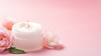 Skin care or hair care cosmetics product and rose flower on pink background. Natural beauty products with rose extract for face skin care concept. Space for text