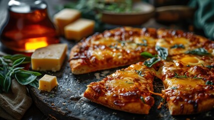 4 cheese Pizza with cheese, tomatoes and arugula on a wooden board. Quattro Formaggi Pizza. Four cheese Pizza. Cheese Pull. Pizza on a Background with copyspace.