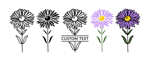 Aster Split Name Frame September Birth Month Flower Outline Silhouette