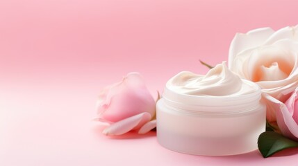 Jar of facial cream and flower roses. Skin care or hair care cosmetics product and rose flower on pink background. Natural beauty products with rose extract for face skin care concept. Space for text