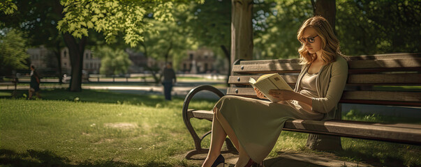Beautiful middle age woman reading book in green park. copy space for text. Relaxation with read book concept.