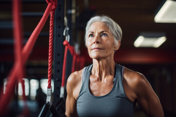 Obraz premium Portrait of a focused mature woman practicing rope climb in a gym. With generative AI technology