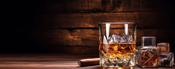 Foto op Aluminium Whiskey glass on wooden table with luxury cigar. Alcohol cognac and cubanian cigar. © Michal
