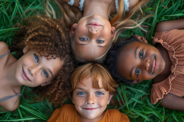 Top view of four smiling children, around 13 years old, lying on green grass with their heads close together.