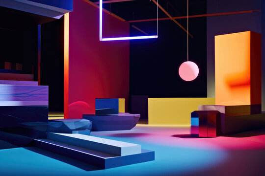 Vibrant studio set: A room adorned with a multitude of colored lights, a stage with dynamic hues, and assorted abstract geometric shapes creating a visually stimulating atmosphere.